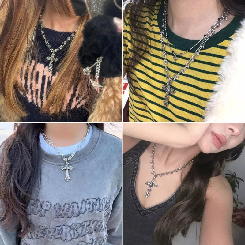 Vintage Cross Pendant Necklace – Kpop Punk Long Chain Retro Jewelry for Women, Korean Fashion Gift