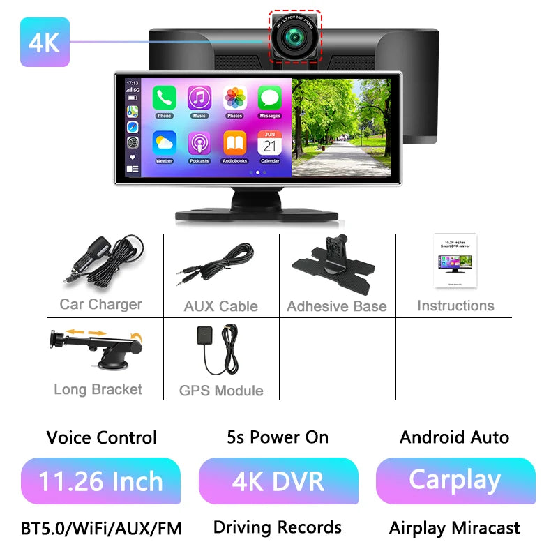 11.26" 4K Car DVR Dash Cam — Wireless CarPlay & Android Auto, Dual Lens Video Recorder with AI Screen, GPS Navigation, HD Dashboard Monitor