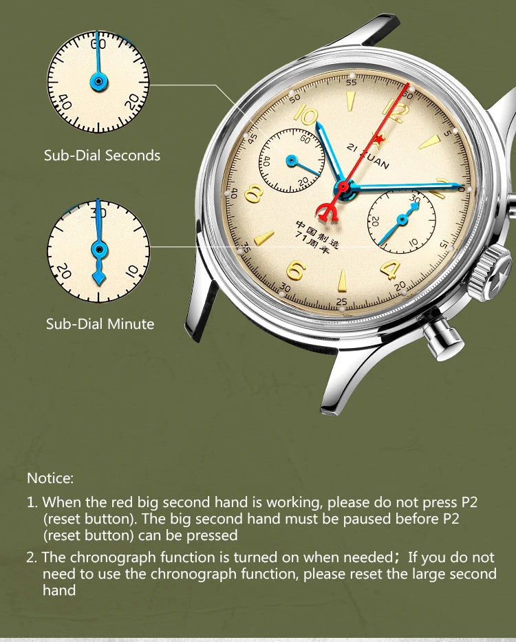 RED STAR 1963 Men's Chronograph Watch - 38mm Pilot Design with Seagull ST1901 Movement & Sapphire Glass