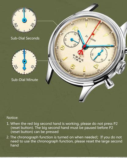 RED STAR 38mm Men's 1963 Chronograph Mechanical Watch – Pilot Air Force Aviation with Seagull ST1901 Movement & Sapphire Glass