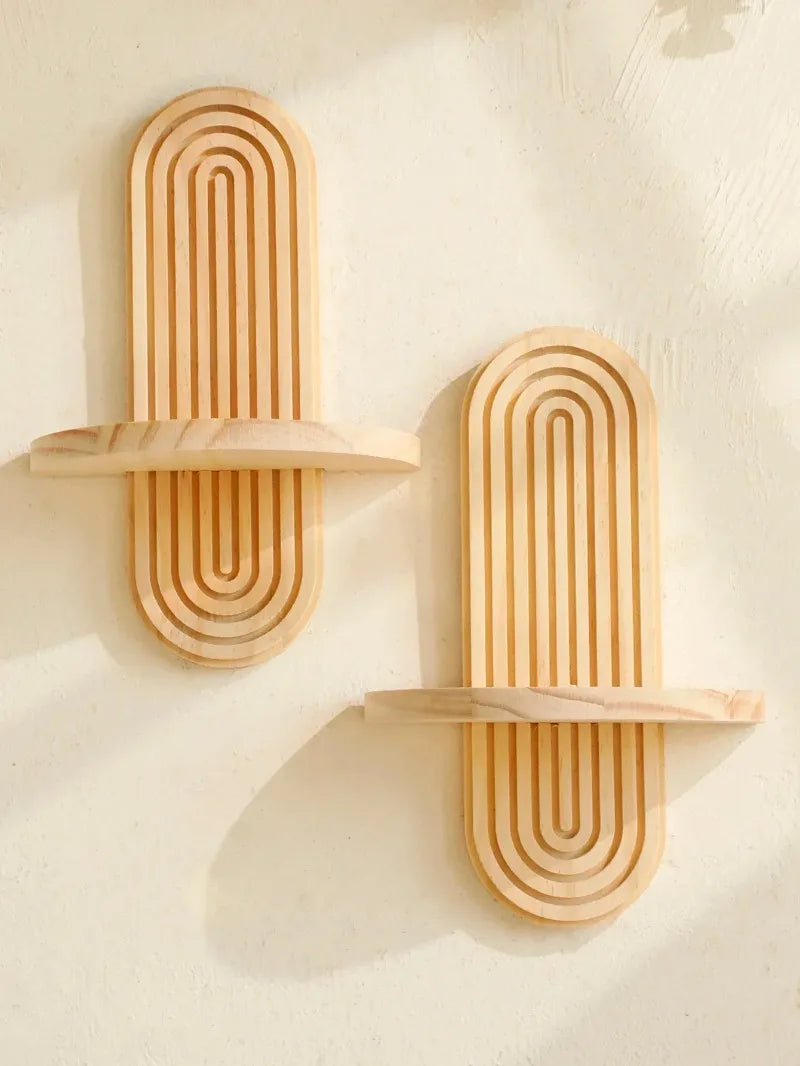 Wooden Wall-Mounted Shelves – Boho Style Rack for Living Room & Bathroom Home Decor