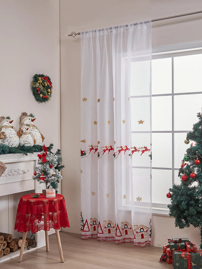 Christmas Sheer Curtain Panel - 84 Inch Holiday Poinsettia Buffalo Plaid Window Decor for Living Room