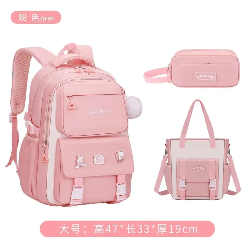Pink Large Capacity Backpack – Spine Protection for Middle & High School Girls, Children’s School Bag with Hanging Accessories