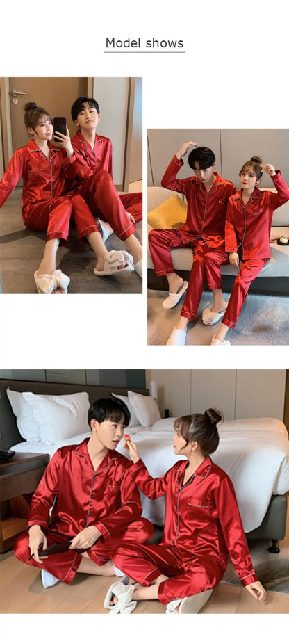 Solid Color Silk Satin Pajama Set – Long Button-Down Sleepwear for Couples, Women & Men Loungewear Plus Size