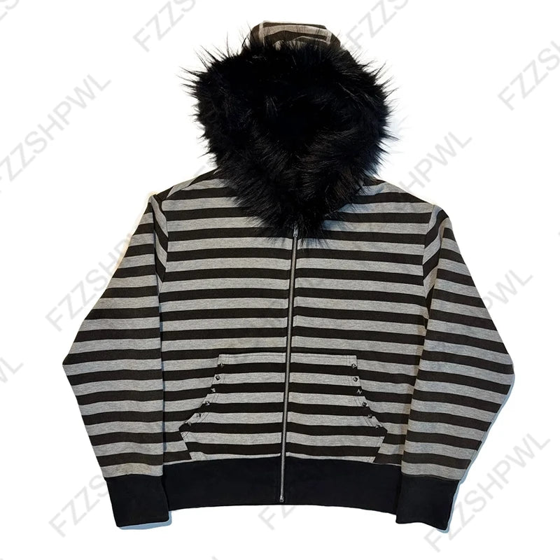 Women's Gothic Fur Collar Hoodie - Y2K Harajuku Slim-Fit Cardigan Sweatshirt for Autumn & Winter