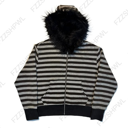 Women's Gothic Fur Collar Hoodie - Y2K Harajuku Slim-Fit Cardigan Sweatshirt for Autumn & Winter
