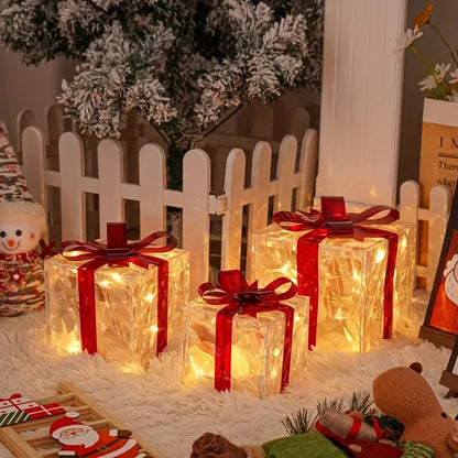 3pcs Lighted Gift Box Decorations - Christmas Tree Skirt Ornaments for Holiday Party Home Decor