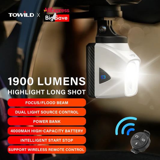 TOWILD DL1700 LED Bicycle Light – 1900LM Rechargeable Front Light with Focus & Flood Beam, Power Bank Function