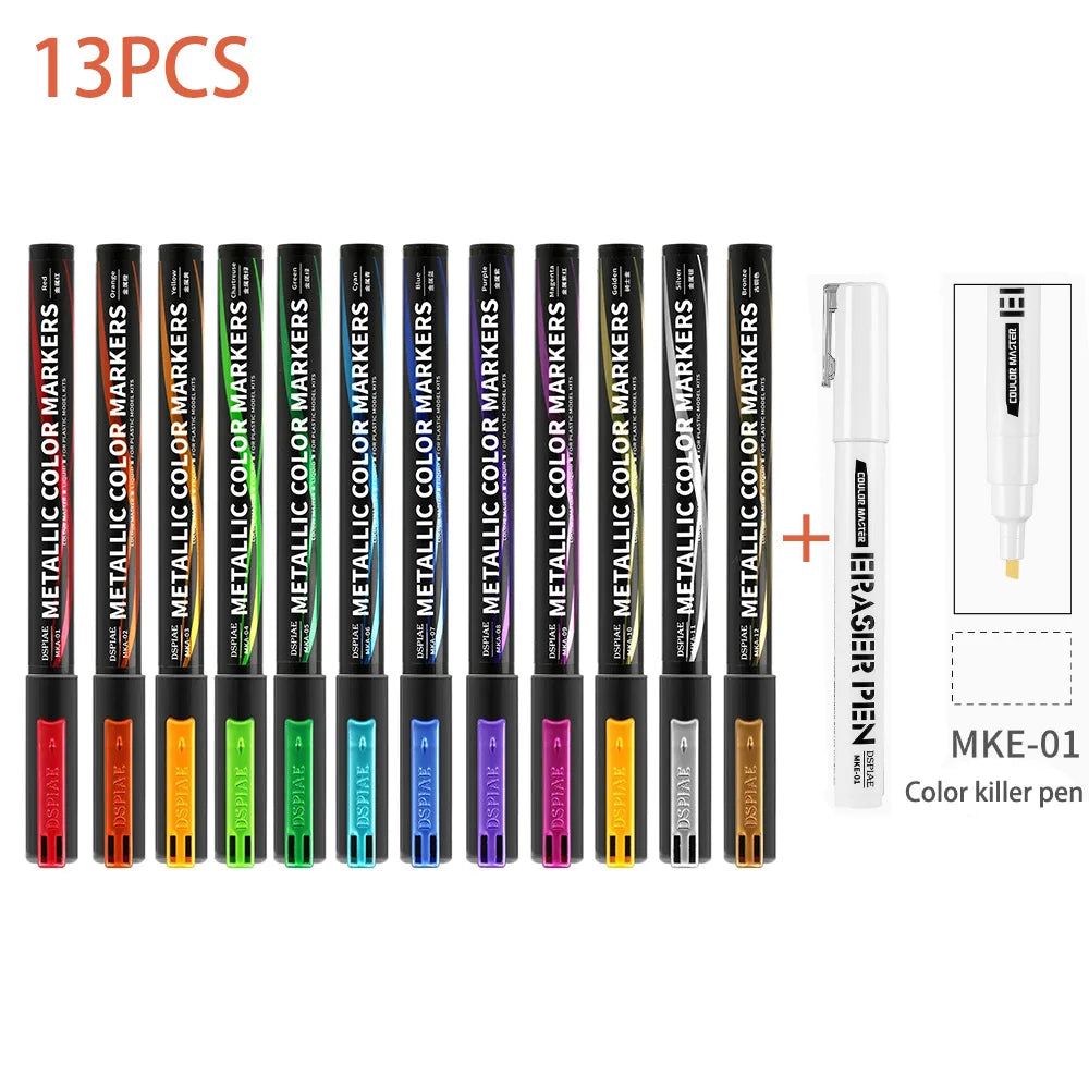 DSPIAE MKA Super Metallic Brush Pen – 12 Water-Based Colors with Soft Tip for Gundam & Mecha Model DIY Hobby
