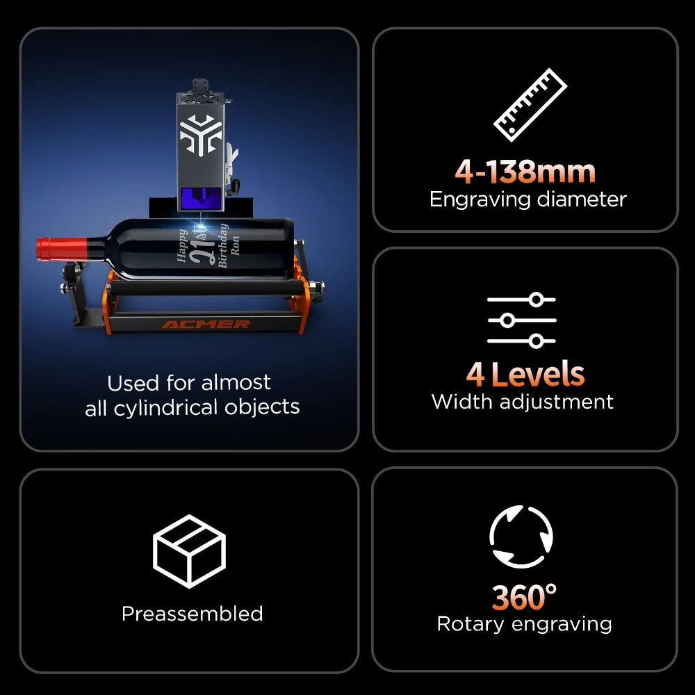 ACMER M2 Laser Rotary Roller – 360° Y-Axis Rotary for Laser Engraving & Cutting Cylindrical Objects