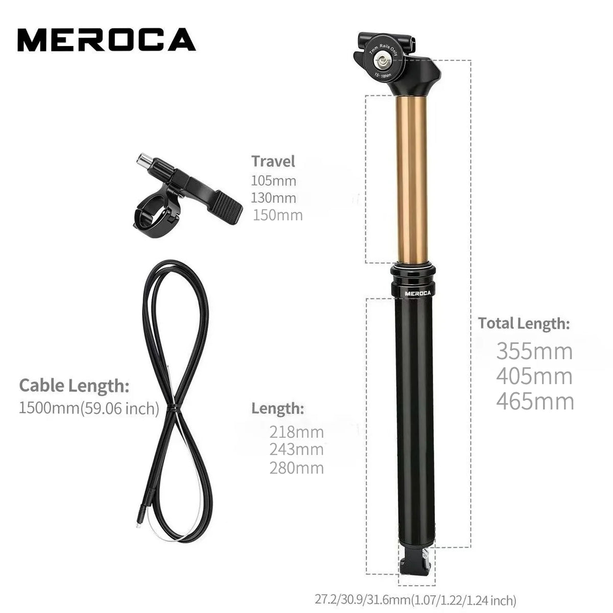 MEROCA Remote Dropper Seatpost - Internal Cable Routing Telescopic Seatpost for MTB, 27.2mm, 30.9mm & 31.6mm Options