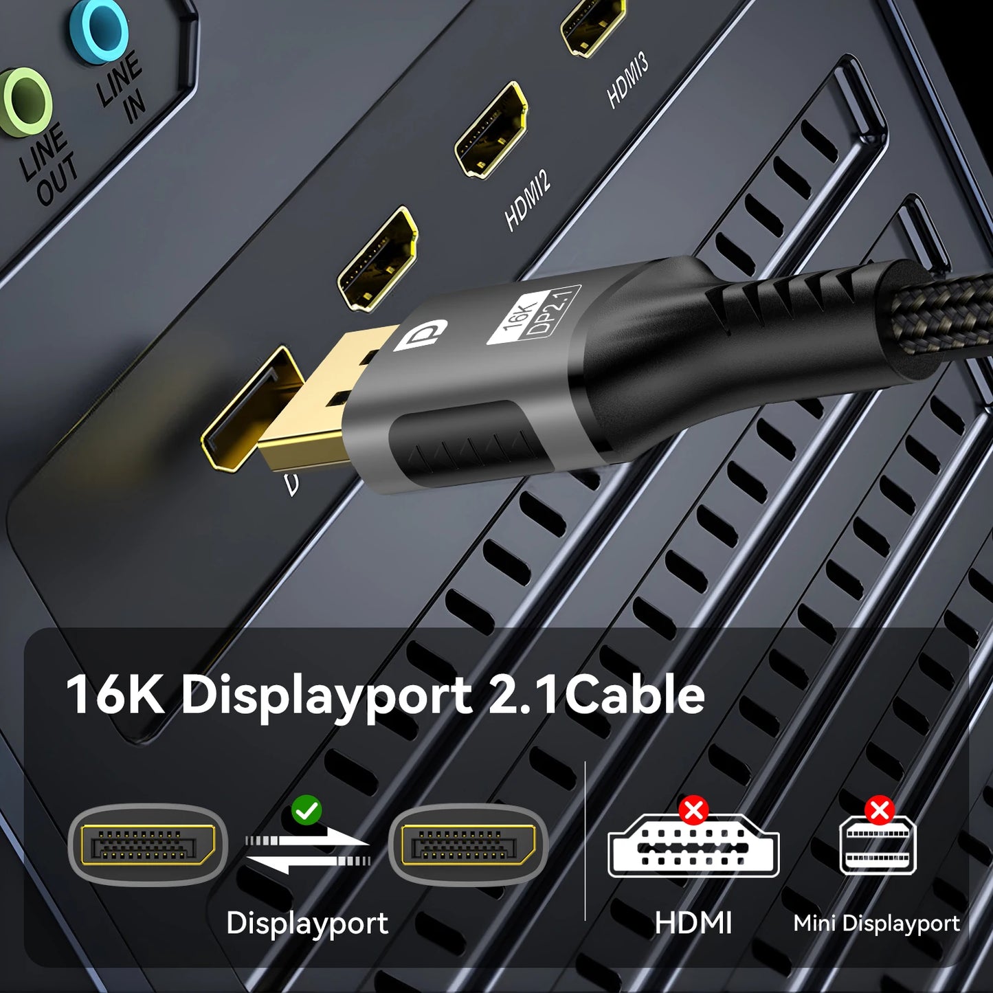 16K DisplayPort 2.1 Cable – 8K@120Hz, 4K@240Hz, 80Gbps HDR Video & Audio for Laptop, TV, Xbox, Projector, Gaming Monitor