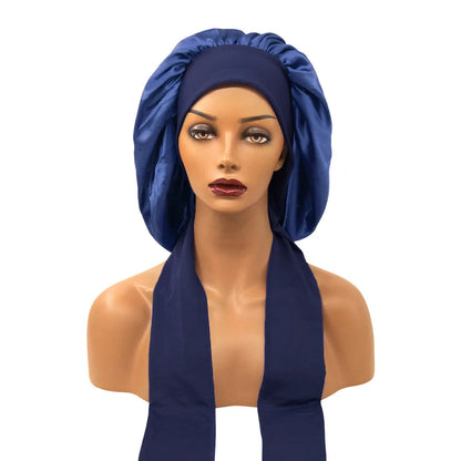 Satin Nightcap for Women - Wide Stretch, Extra-Large Long Tail, Shower Cap with Ribbon, Round Hat Hair Bonnet