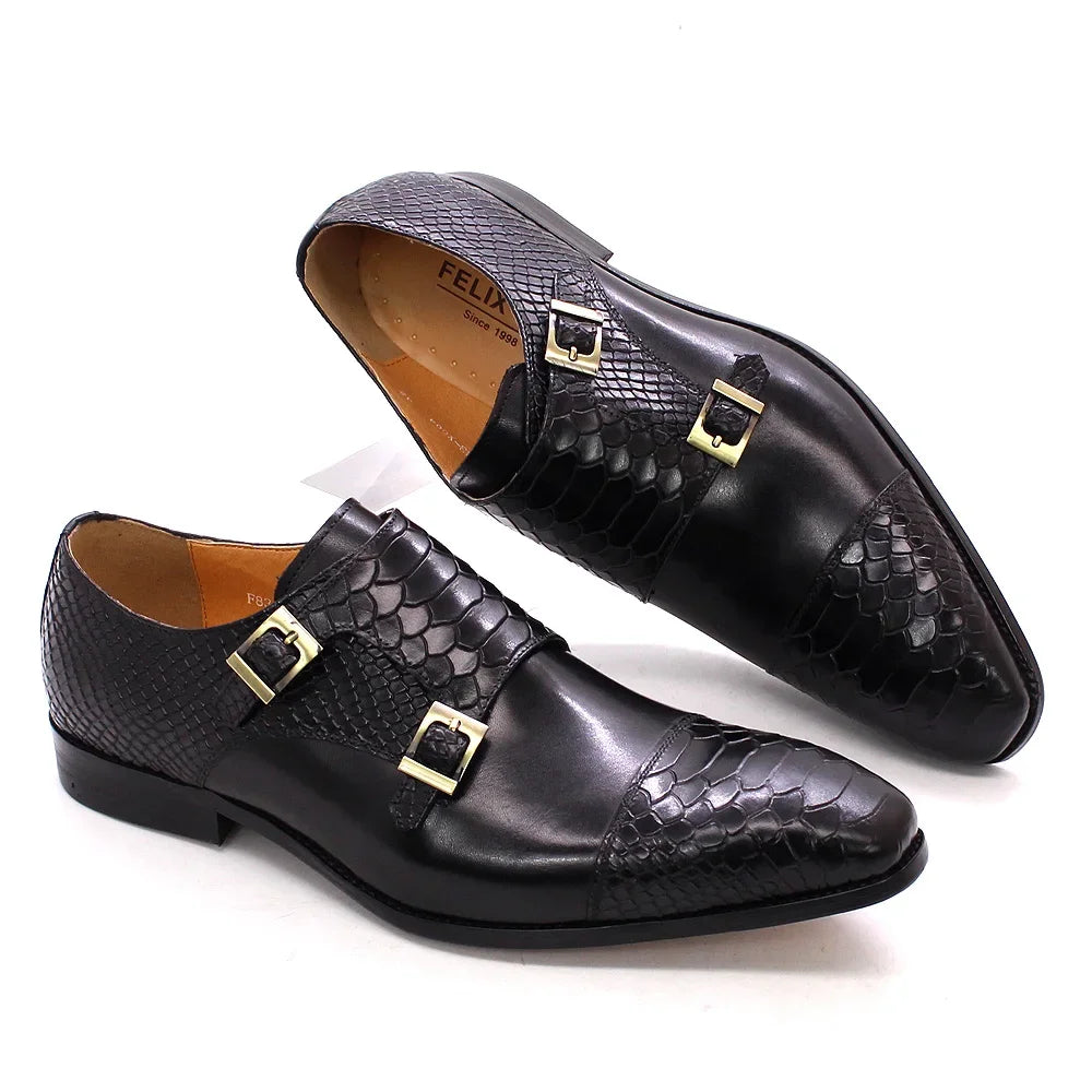 Men’s Genuine Leather Monk Strap Shoes - Double Buckle Snake Print Cap Toe Italian Style Dress Shoes