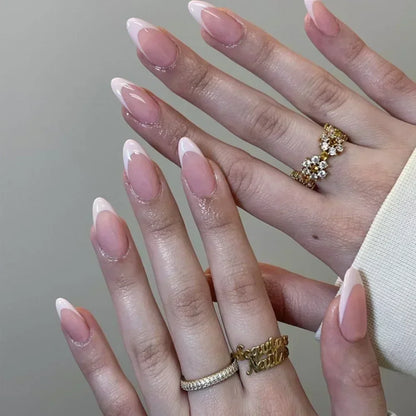 24Pcs French Press On Nails - Almond Fake Nail Tips with Glue, White Edge Design & Pink Stiletto Style Manicure Set