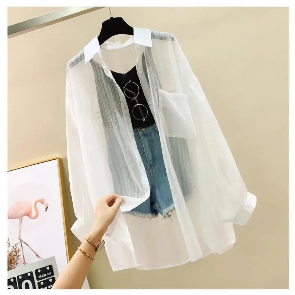 Summer Sunscreen Shirt – Elegant Thin Chiffon Korean Harajuku See-Through Loose Blouse & Casual Women’s Cardigan