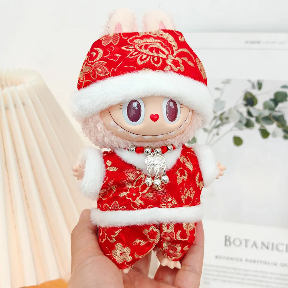 17cm Mini Plush Doll Clothes — Outfit Accessories for Labubu V1 & V2, Christmas Cookie Man Sweater Hat, New Year Gift