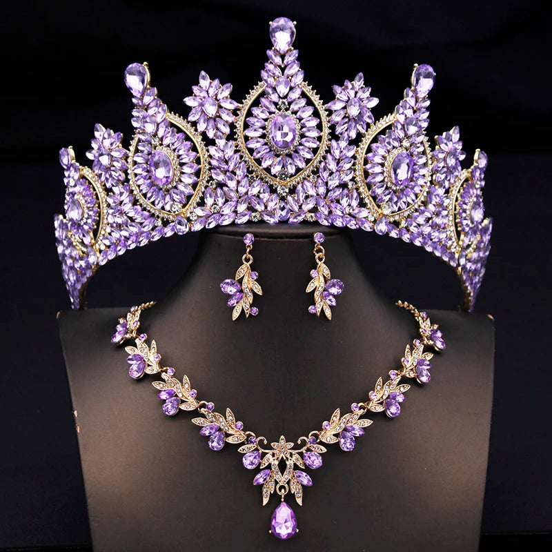 Rhinestone Bridal Tiara Jewelry Set - Wedding Crown with Necklace and Earrings for Women