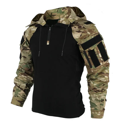 Men’s Tactical Camo Hooded Combat Shirt – Durable Cotton Airsoft & Paintball Hunting Outdoor Wear-Resistant Military Style T-Shirt