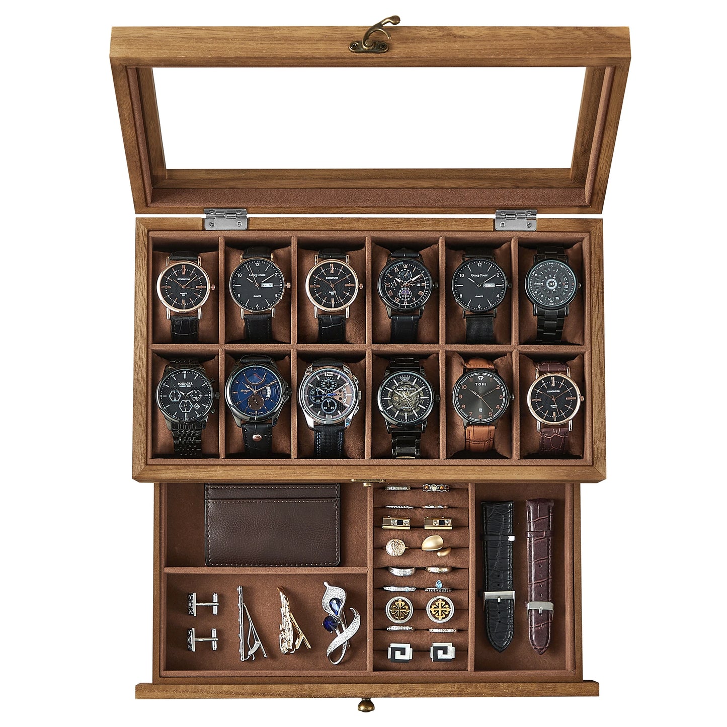 SONGMICS 12-Slot Watch Box – 2-Tier Watch Display Case with Glass Lid, Removable Pillows & Velvet Lining Jewelry Organizer