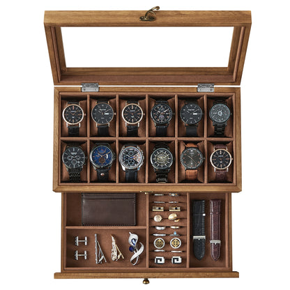 SONGMICS 12-Slot Watch Box – 2-Tier Watch Display Case with Glass Lid, Removable Pillows & Velvet Lining Jewelry Organizer
