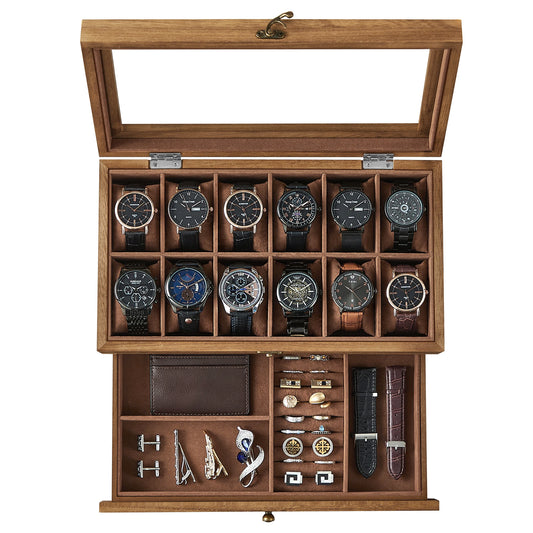 SONGMICS 12-Slot Watch Box – 2-Tier Watch Display Case with Glass Lid, Removable Pillows & Velvet Lining Jewelry Organizer
