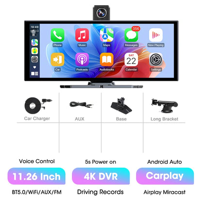 11.26” 4K ADAS Dash Cam Display – Wireless Android Auto & CarPlay Screen DVR with Dual Recording, Night Vision & FM Car System
