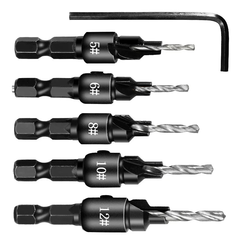 5PCS Woodworking Countersink Drill Bit Set – One-Piece Hex Handle Twist Drill with Chamfering Tool