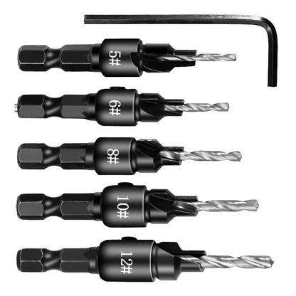 5PCS Woodworking Countersink Drill Bit Set – One-Piece Hex Handle Twist Drill with Chamfering Tool