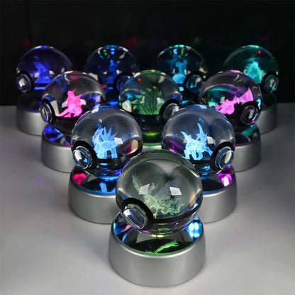 Pokémon 3D Crystal Ball LED Night Light – Pikachu Gengar Eevee Mewtwo Pokéball Base Lamp Kids Birthday & Home Decor Gift