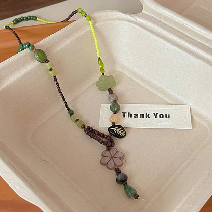 Ethnic Stone Beaded Flower Necklace - Hollow Pendant Adjustable Rope Chain Boho Beach Jewelry Gift for Women