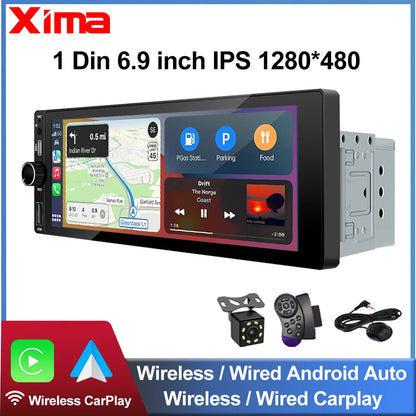 XIMA 6.9-Inch 1Din Car Stereo with Wireless CarPlay - Android Auto, Bluetooth, MP5, FM, USB & IPS Touchscreen