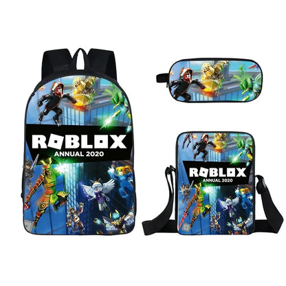 Kids Roblox 3-in-1 Backpack Set — School Bookbag, Shoulder Bag & Pencil Case Waterproof Travel Bag for Teens