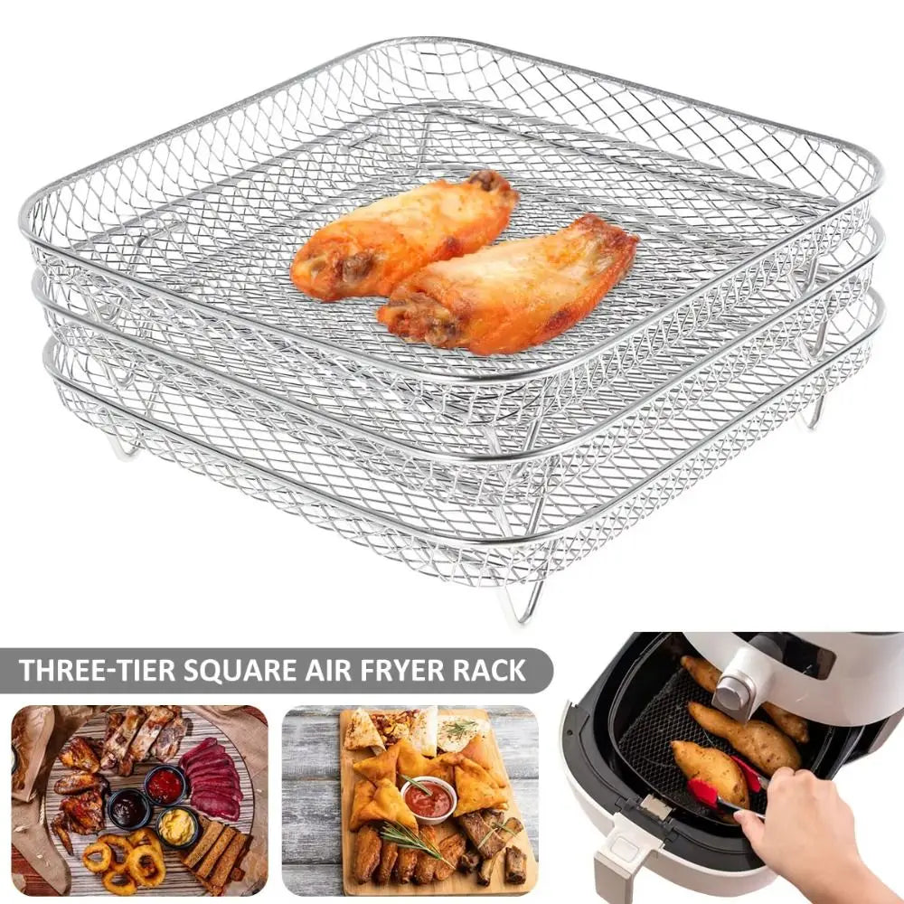 Stackable Air Fryer Rack - Stainless Steel Grill Basket & Non-Stick Cooking Tray for Kitchen Use