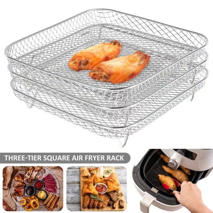 Stackable Air Fryer Rack - Stainless Steel Grill Basket & Non-Stick Cooking Tray for Kitchen Use