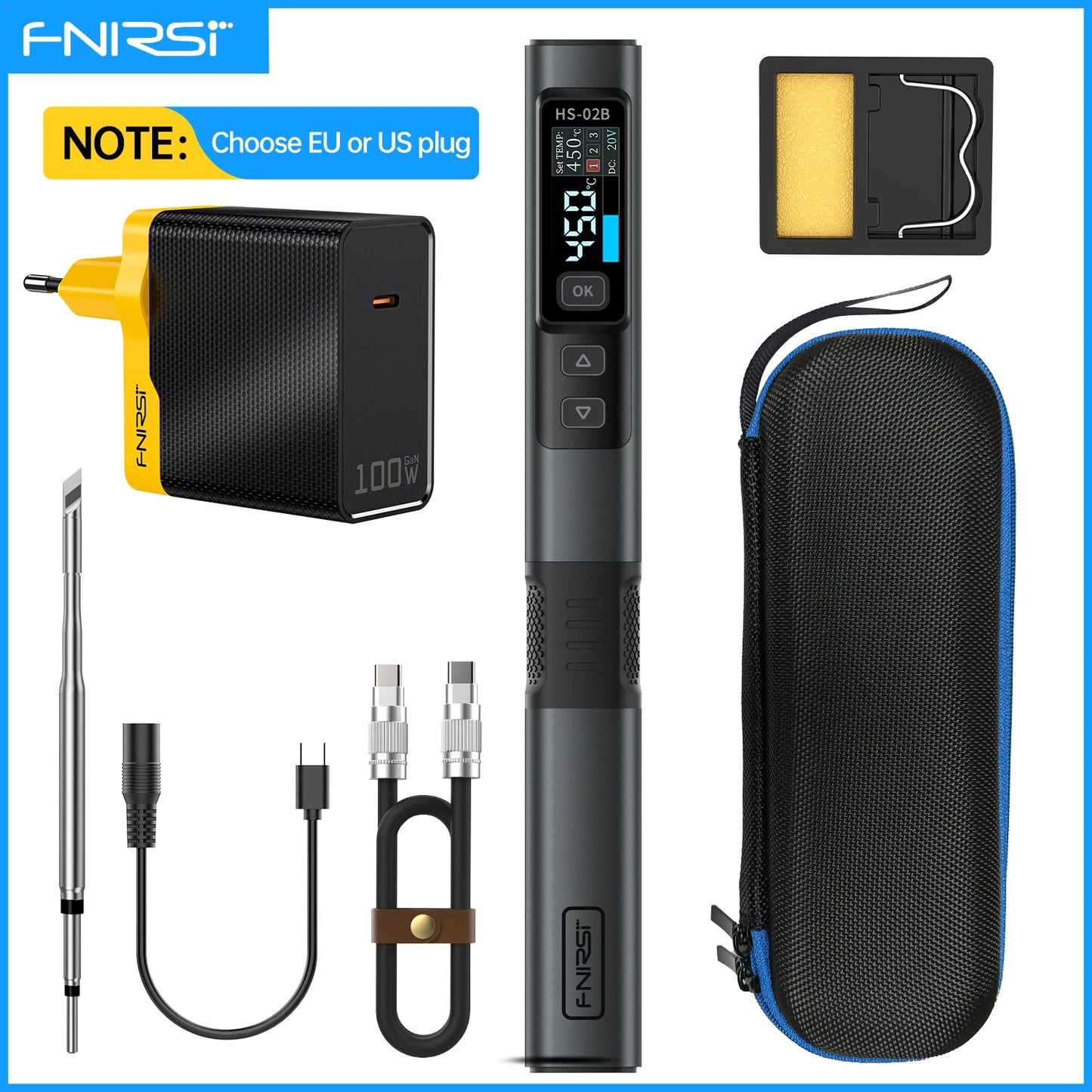 FNIRSI HS-02 Adjustable Temperature Soldering Iron – 20V 100–450℃ 100W Portable Welding & Repair Rework Station Tool