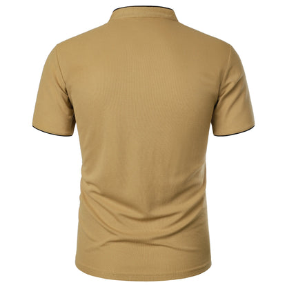 Men's Solid Color Stand Collar T-Shirt - Casual Short-Sleeved Top