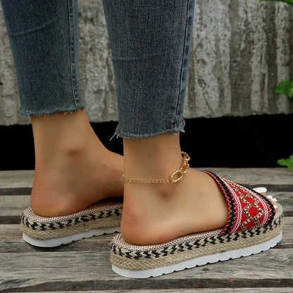 Bohemian Weave Women's Platform Slippers – Handmade Espadrille Sandals, Summer 2023 Beach & Casual Heels