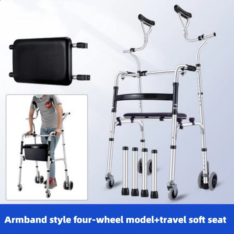 Elderly Rehabilitation Walker – Underarm Crutch Walking Stick Rollator with Aluminum Alloy Standing Frame for Disabled Mobility Support