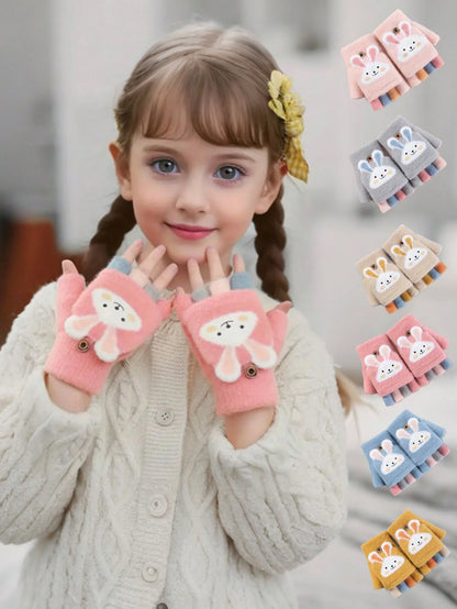Half-Finger Gloves with Flip-Top Cover - Girls’ Winter Rabbit Fleece Gloves for Writing, Warm Cotton Handwear
