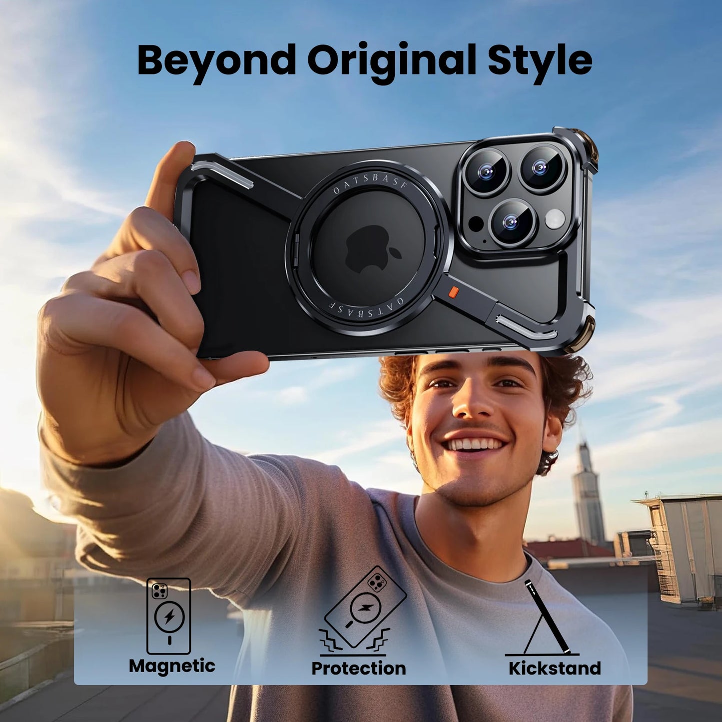 Oatsbasf Z Shape Metal Phone Case for iPhone 15/16 Pro Max – Shockproof Cover with 360° Rotating Holder & Bumper Protection
