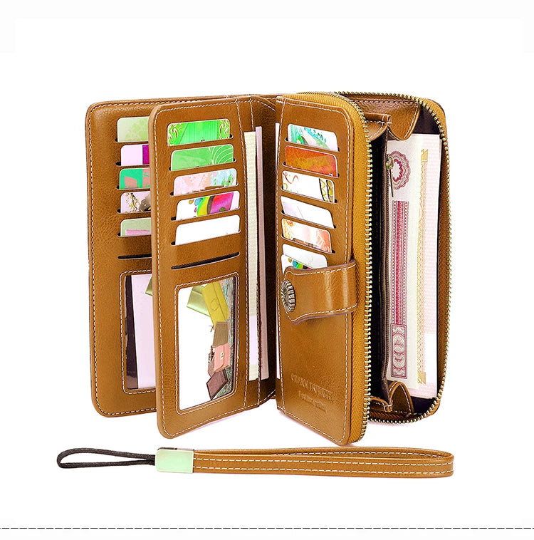 RFID Anti-Theft Retro Large Capacity Women's Wallet – Multi-Card Zipper Wallet with Wrist Strap