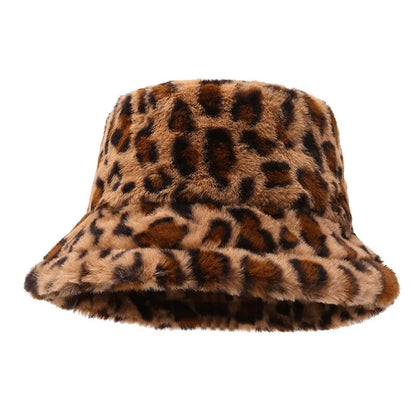 Women’s Winter Leopard Print Fisherman Hat – Versatile Plush Bucket Hat, Warm Pot-Style Headwear