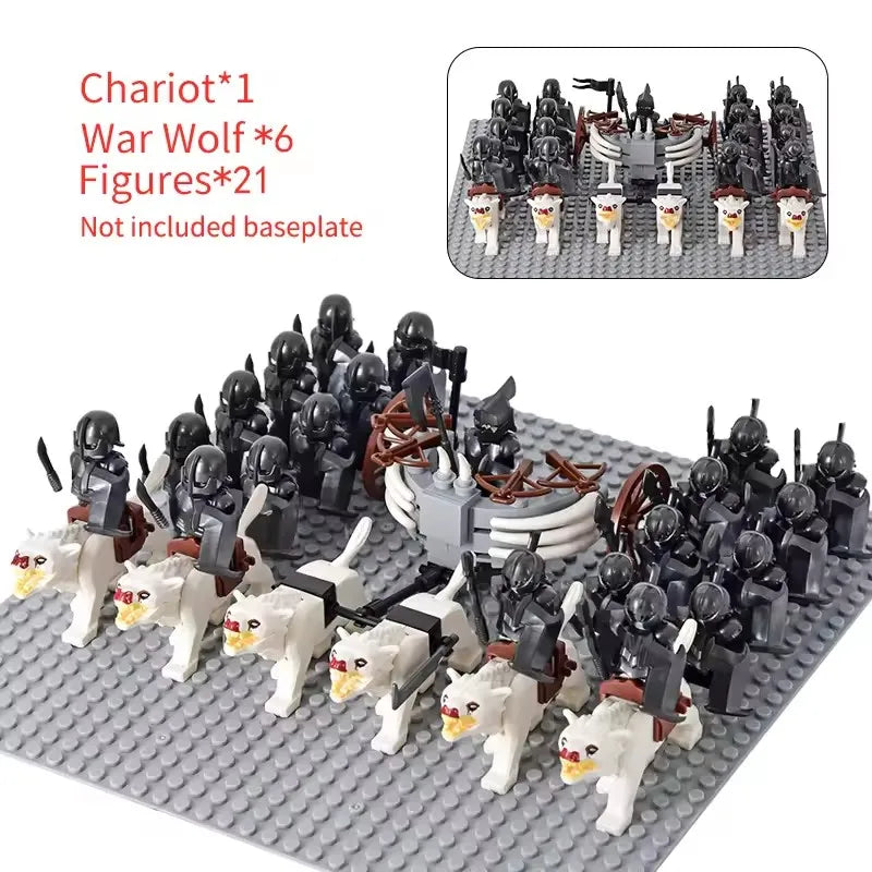 MOC Medieval LOTR Figures — Black Wolves & Mounted Chariots Action Dolls, Assembled Brick Building Blocks Toy