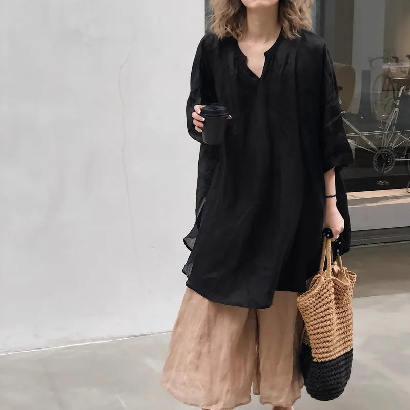 Women’s Cotton Linen Blouse - Loose Fit Long Sleeve Casual Pullover Shirt for Summer & Autumn