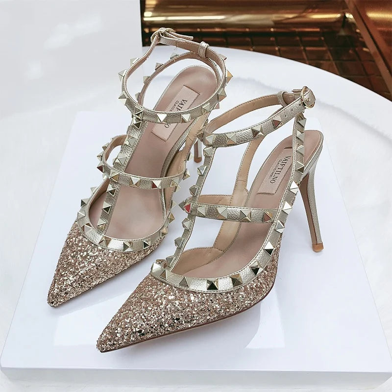 Women’s 2025 Summer Luxury Punk High Heel Sandals – Metal Rivet Gladiator Pointed Toe Stiletto Party Shoes