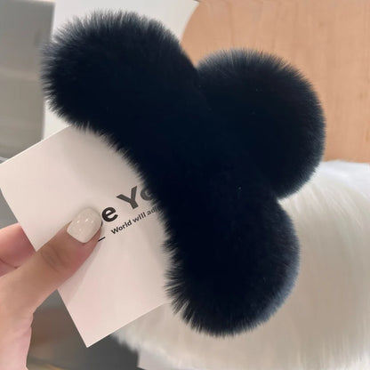Winter Fuzzy Hair Claw for Women – Warm Fluffy Natural Rex Rabbit Fur Hair Clip, Elegant Fashion Party Accessory