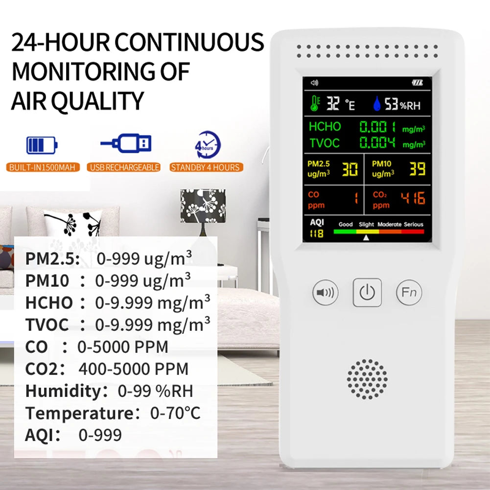 9-in-1 Air Quality Detector – Digital LCD Monitor for PM2.5, PM10, HCHO, TVOC, CO, CO2, AQI, Temperature, and Humidity