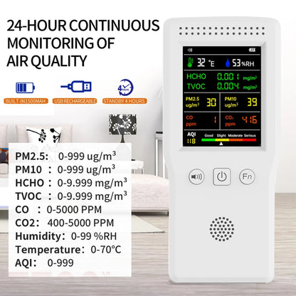 9-in-1 Air Quality Detector – Digital LCD Monitor for PM2.5, PM10, HCHO, TVOC, CO, CO2, AQI, Temperature, and Humidity