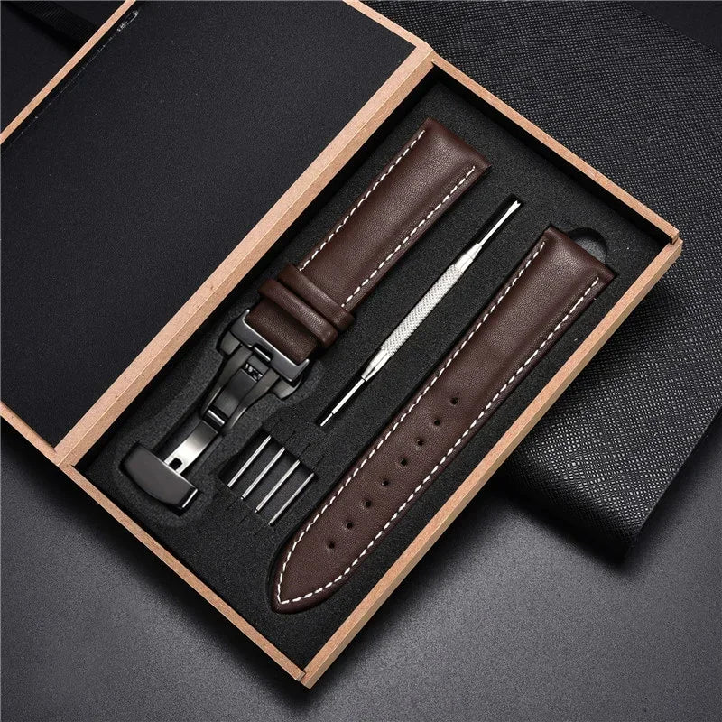 Genuine Leather Watch Strap - 18mm, 20mm, 22mm & 24mm Replacement Band with Butterfly Buckle for Men and Women